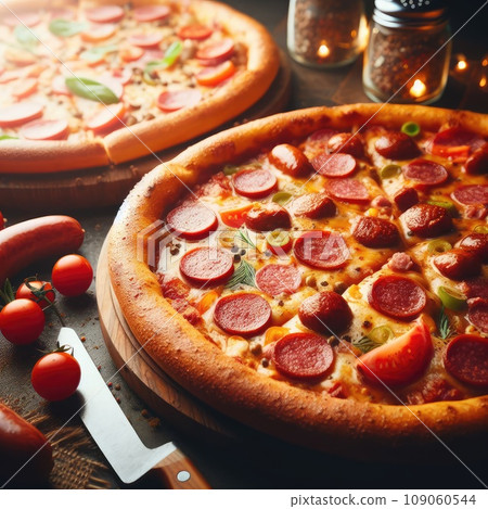 Hot pizza slice with melting cheese on a rustic wooden table 109060544