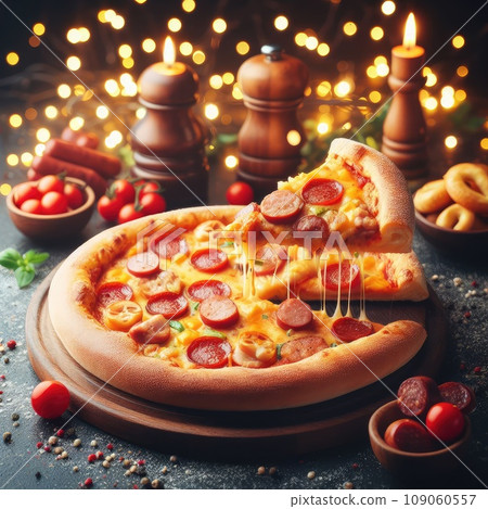 Hot pizza slice with melting cheese on a rustic wooden table 109060557