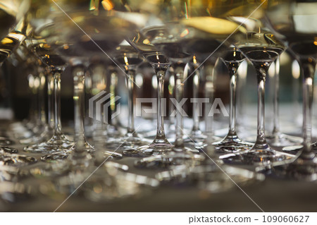 Glasses with white and red wine. Catering services. Glasses with wine in row background at restaurant party. Shallow dof 109060627