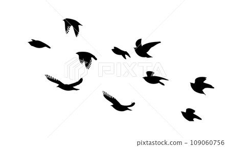 Flying birds silhouette flock. hand drawing. Not AI, Vector illustration 109060756
