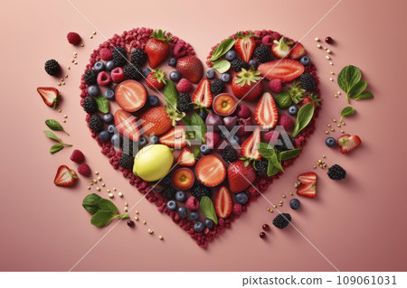 vegetables and fruits in the form of a heart. food for Valentine's Day. vegan food. The 14th of February. 109061031