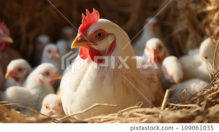 Hen with chickens in the henhouse, homemade eggs 109061035