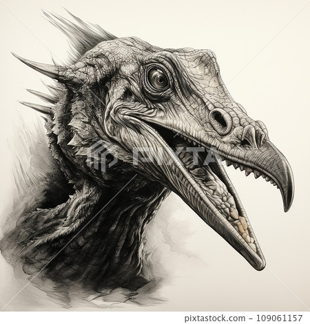 Dinosaur, pterodactyl, flying dinosaur, prehistoric reptile, black and white drawing, engraving style, close-up portrait 109061157