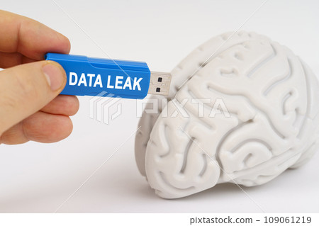 A man inserts a flash drive into his brain with the inscription - DATA LEAK 109061219