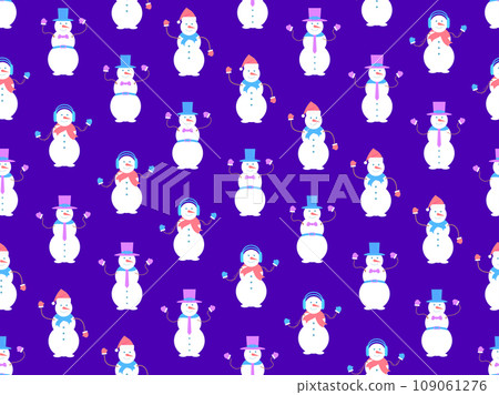 Christmas seamless pattern with snowmen made from three snowballs. A snowman with a carrot instead of a nose, wearing a scarf and mittens, and a Santa Claus hat on his head. Vector illustration Christmas seamless pattern with snowmen made from three snowballs. A snowman with a carrot instead of a nose, wearing a scarf and mittens, and a Santa Claus hat on his head. Vector illustration 109061276
