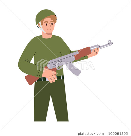 Young man holding tactical assault rifle. Soldier with a AK 47. Vector illustration. Young man holding tactical assault rifle. Soldier with a AK 47. Vector illustration. 109061293