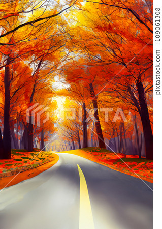 穿過秋葉森林的道路的插圖 109061308
