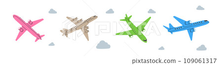 Aircraft set. Passenger airplanes. Different air transport silhouette. Vector illustration. Aircraft set. Passenger airplanes. Different air transport silhouette. Vector illustration. 109061317