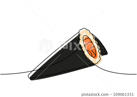 Sake hand roll, sake temaki one line colored continuous drawing. Japanese cuisine, traditional food continuous one line illustration. 109061331