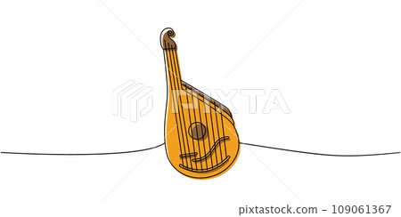 Bandura, string instrument one line colored continuous drawing. Musical instruments continuous one line illustration. Vector linear illustration. 109061367