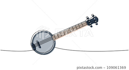 American banjo, string guitar one line colored continuous drawing. Musical instruments continuous one line illustration. Vector linear illustration 109061369