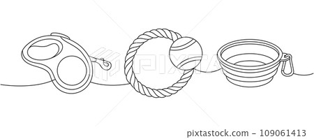 Set of pet supplies one line continuous drawing. Tape measure leash, retractable leash, chew toy, portable water bowl continuous one line illustration 109061413