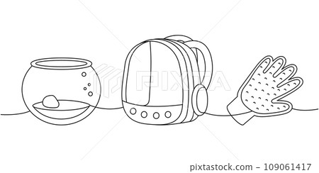 Pet supplies one line continuous drawing. Glass aquarium, terrarium, pet backpack carrier, hair remover glove continuous one line illustration. 109061417