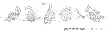 Set of wind musical instruments. Tuba, trumpet, french horn, saxophone, wooden xylophone, flute continuous one line illustration. 109061419