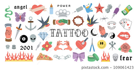 Set of old school tattoos. Various old school tattoos. Swallow, rose, heart, knife, anchor, skull, hands, flowers, snake. Vector illustration. Set of old school tattoos. Various old school tattoos. Swallow, rose, heart, knife, anchor, skull, hands, flowers, snake. Vector illustration. 109061423