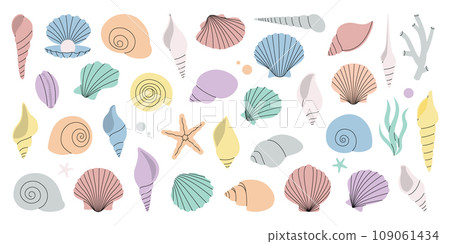 Sea shells set. Tropical underwater shells. Freshwater algae, corals, starfish, sea mollusks, scallop, pearls. Vector illustration. 109061434