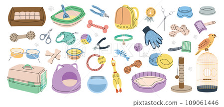 Animal supplies set. Pets accessories. Sleeping pillow, chew toy, medal, scissors, nail clippers, brush, fur remover, aquarium, backpack carrier 109061446