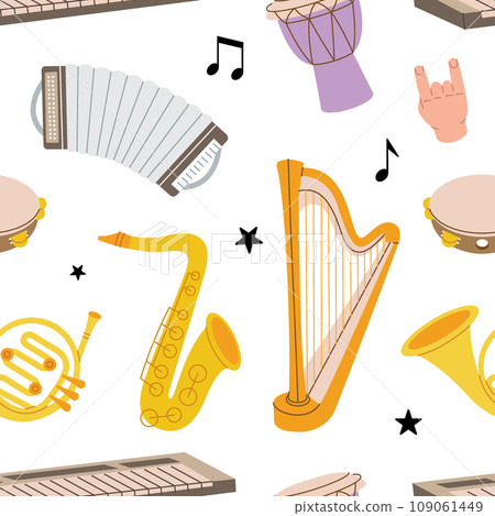 Musical instruments pattern. Tuba, trumpet, drum flute, french horn, lute, violin, bass guitar, acoustic guitar. Colored musical instruments Musical instruments pattern. Tuba, trumpet, drum flute, french horn, lute, violin, bass guitar, acoustic guitar. Colored musical instruments 109061449