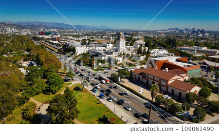 Aerial view over Beverly Hills and Santa Monica Boulevard in Los Angeles by drone 109061490