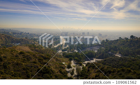 Aerial view over Los Angeles and Hollywood Bowl from Mulholland Drive - Los Angeles Drone footage Aerial view over Los Angeles and Hollywood Bowl from Mulholland Drive - Los Angeles Drone footage 109061562
