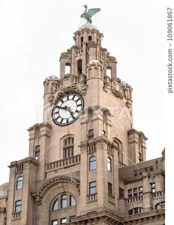 Looking up of Architecture design of Clock tower and The liver bird on top of Historic The royal liver building. 109061867
