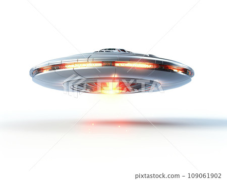 A UFO on a white background. Flying glowing spaceship. 109061902