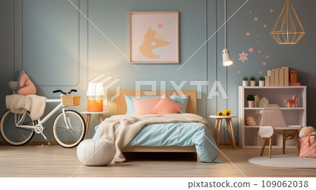 Stylish teenagers room interior with comfortable bed and sports equipment 109062038