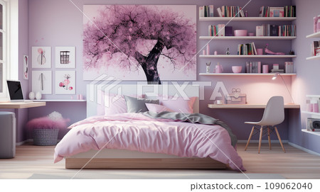 Stylish interior of a room for a teenage girl with a comfortable bed and workplace Stylish interior of a room for a teenage girl with a comfortable bed and workplace 109062040
