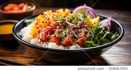Hawaiian poke bowl with tuna, avocado, rice, seaweed and sesame seeds Hawaiian poke bowl with tuna, avocado, rice, seaweed and sesame seeds 109062042