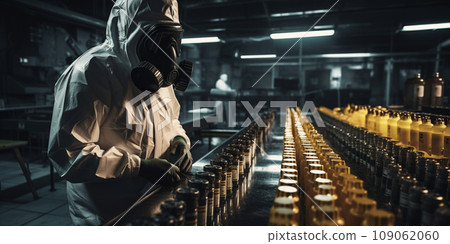Specialist chemist in protective clothing, inspecting the site of toxic spillage at an industrial plant 109062060