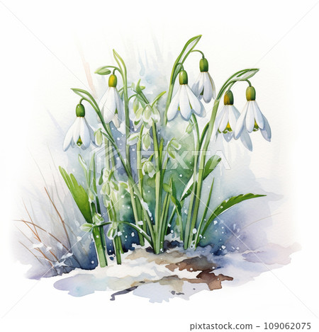 The first snowdrops illustrated on a white background 109062075