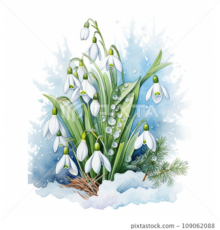 The first snowdrops illustrated on a white background 109062088