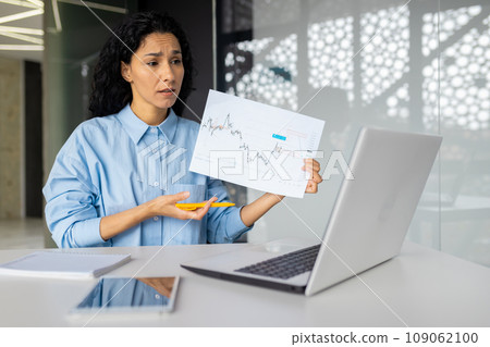 Upset and confused woman on online video meeting shows colleagues partners, graph report with negative achievement results, business woman inside office behind paper work. 109062100