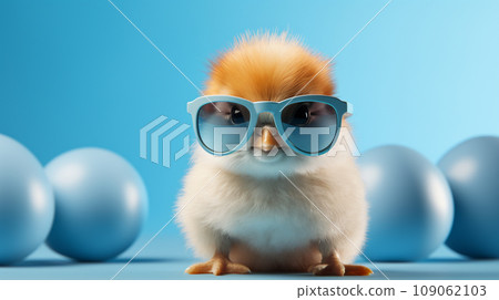 Cool little grey chick in sunglasses on blue background Cool little grey chick in sunglasses on blue background 109062103