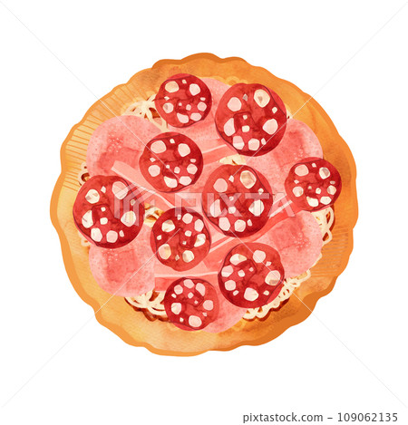 Meat pizza with ham, bacon and chorizo on thick dough. Isolated watercolor illustration on white background for menus and recipes. 109062135