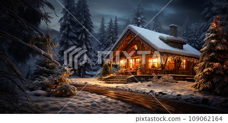 a cozy wooden chalet decorated for the new year in the snow-covered forest 109062164