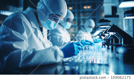 Pharmacist work in laboratory, equipment and production line for pharmaceutical glass bottles 109062175