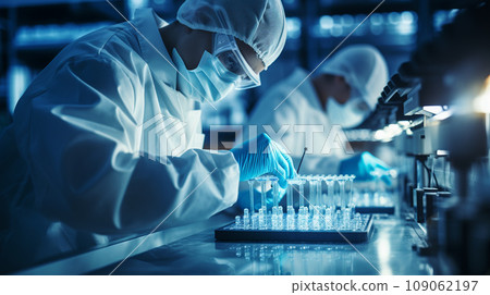 Pharmacist work in laboratory, equipment and production line for pharmaceutical glass bottles 109062197