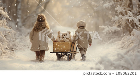 New Year's card - children in a snowy fairytale forest New Year's card - children in a snowy fairytale forest 109062201