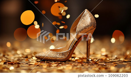 golden shoe on festive golden background with confetti golden shoe on festive golden background with confetti 109062203
