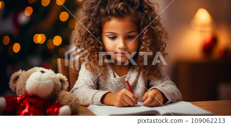 cute girl in pajamas writing a letter to santa claus on Christmas background with lights 109062213