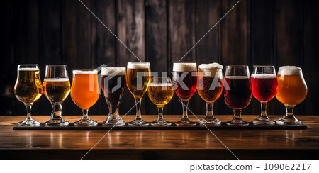 several glasses of various shapes and sizes with chilled beer on a wooden tabletop 109062217