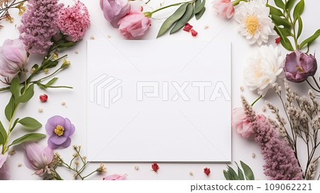 Frame of living plants and a white sheet of paper on a white background. Space for your text. View from above. Spring concept. Frame of living plants and a white sheet of paper on a white background. Space for your text. View from above. Spring concept. 109062221
