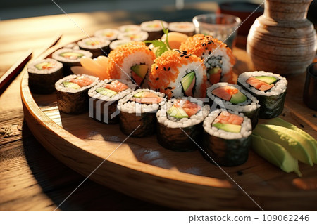 Set of sushi roll on a bamboo mat, highlighting the artistry of sushi presentation 109062246