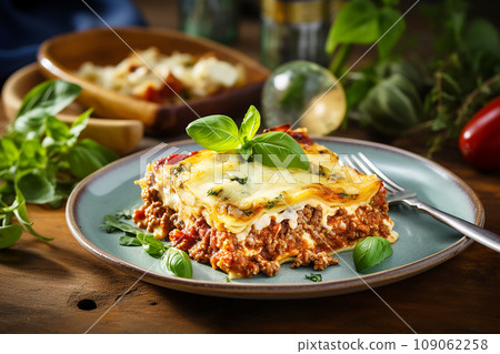 Classic Italian lasagna, highlighting layers of pasta, rich meat sauce, creamy bechamel, and melted cheese Classic Italian lasagna, highlighting layers of pasta, rich meat sauce, creamy bechamel, and melted cheese 109062258