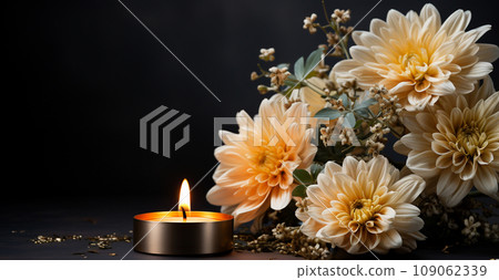 white chrysanthemums on a black background with candles, funeral concept 109062339