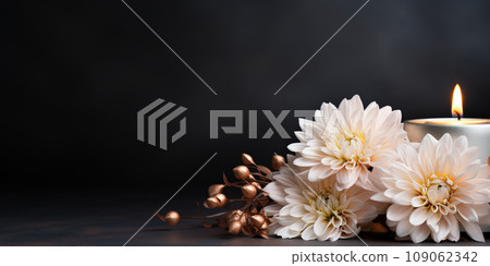 white chrysanthemums on a black background with candles, funeral concept white chrysanthemums on a black background with candles, funeral concept 109062342