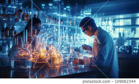 Pharmacist work in laboratory, equipment and production line for pharmaceutical glass bottles 109062344