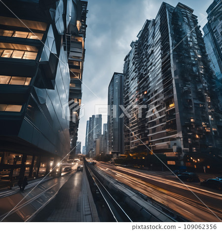 A city street with buildings and cars. A city street with buildings and cars. 109062356