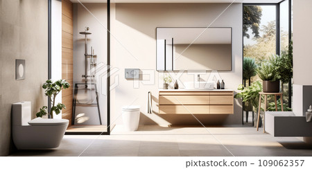 modern bathroom renovation in beige colors with wooden details modern bathroom renovation in beige colors with wooden details 109062357